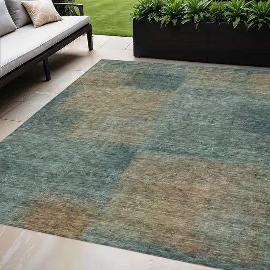 Teal Blue Brown And Taupe Abstract Washable Indoor Outdoor Area Rug Photo 1