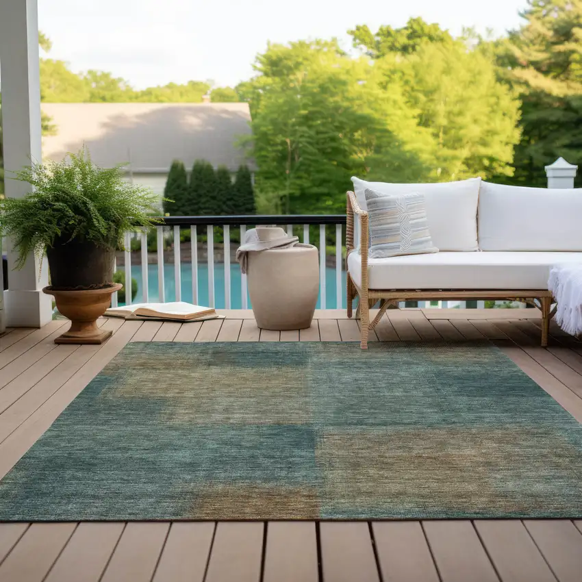 Teal Blue Brown And Taupe Abstract Washable Indoor Outdoor Area Rug Photo 8