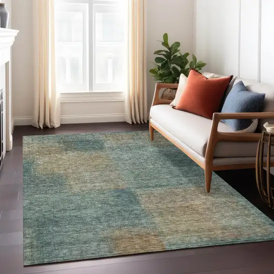 Teal Blue Brown And Taupe Abstract Washable Indoor Outdoor Area Rug Photo 7