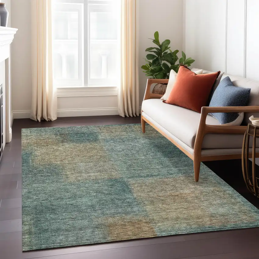 Teal Blue Brown And Taupe Abstract Washable Indoor Outdoor Area Rug Photo 7