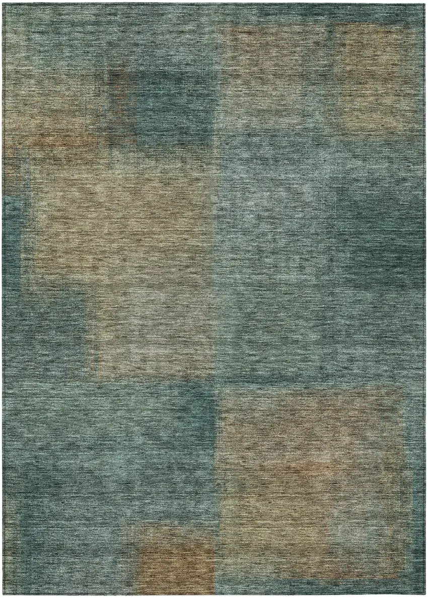 Teal Blue Brown And Taupe Abstract Washable Indoor Outdoor Area Rug Photo 1