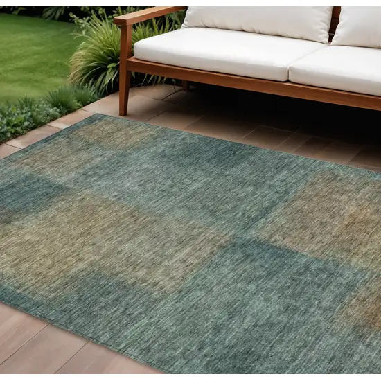 Teal Blue Brown And Taupe Abstract Washable Indoor Outdoor Area Rug Photo 1