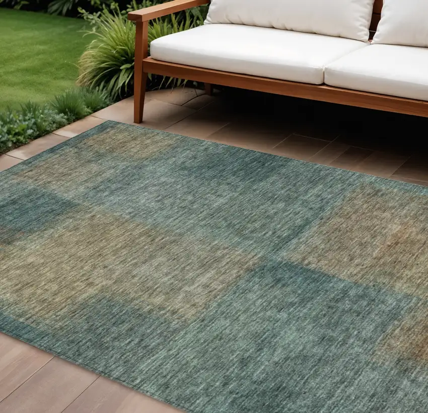 Teal Blue Brown And Taupe Abstract Washable Indoor Outdoor Area Rug Photo 1