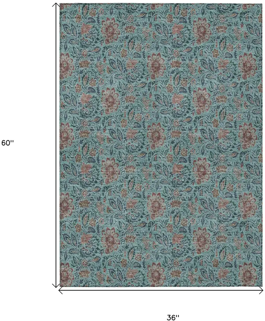 Teal Blue Brown And Taupe Floral Washable Indoor Outdoor Area Rug Photo 3