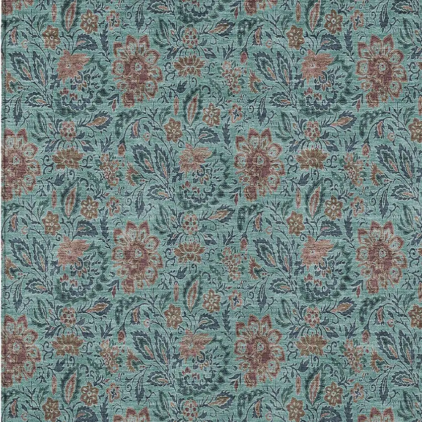 Teal Blue Brown And Taupe Floral Washable Indoor Outdoor Area Rug Photo 7
