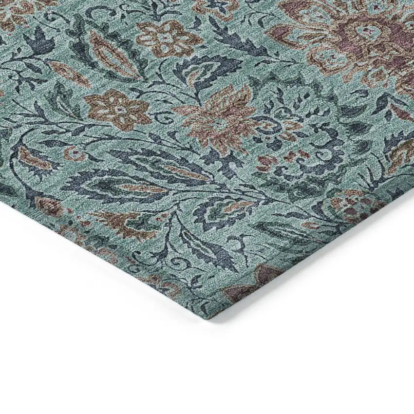 Teal Blue Brown And Taupe Floral Washable Indoor Outdoor Area Rug Photo 5