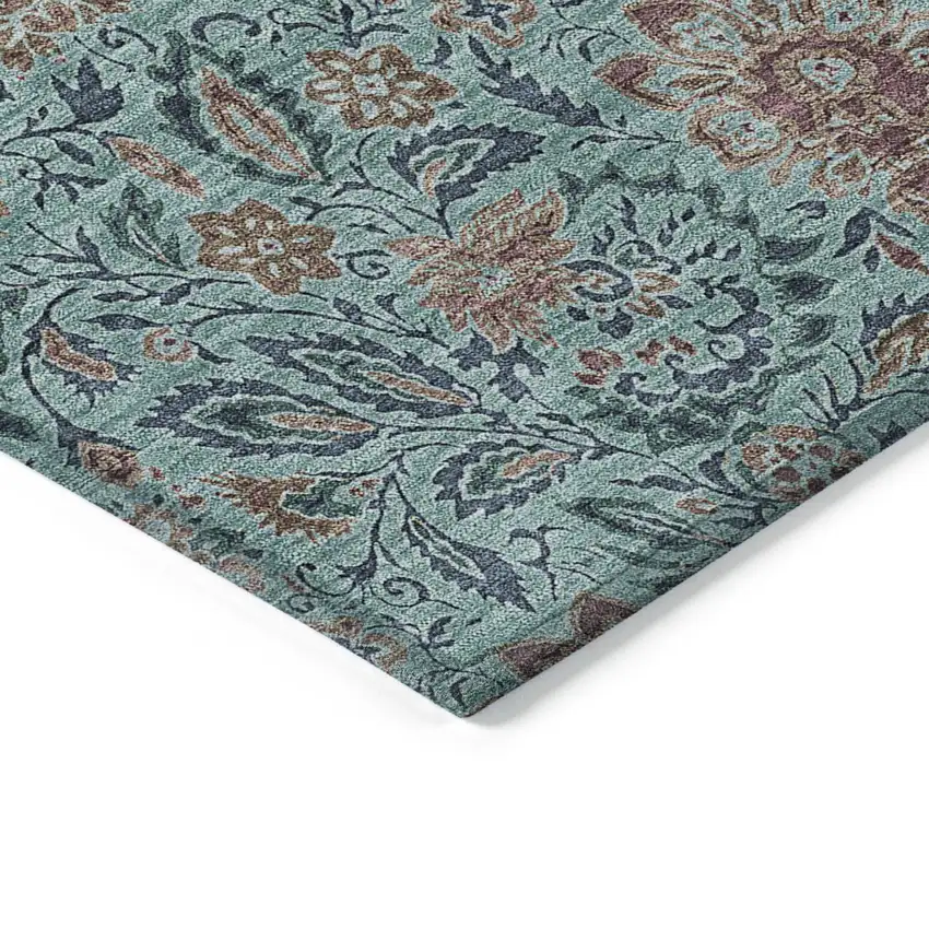 Teal Blue Brown And Taupe Floral Washable Indoor Outdoor Area Rug Photo 5
