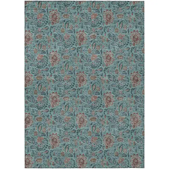 Teal Blue Brown And Taupe Floral Washable Indoor Outdoor Area Rug Photo 2