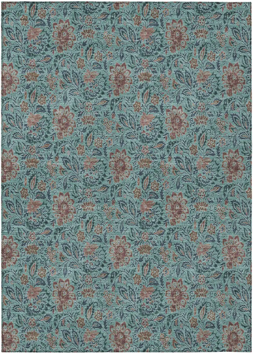 Teal Blue Brown And Taupe Floral Washable Indoor Outdoor Area Rug Photo 2