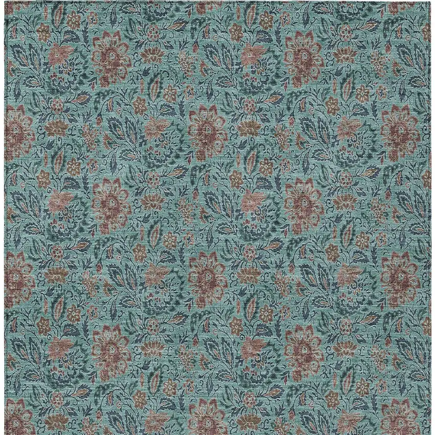Teal Blue Brown And Taupe Floral Washable Indoor Outdoor Area Rug Photo 8
