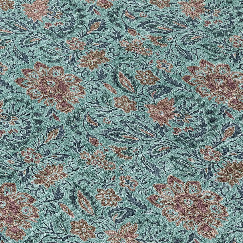 Teal Blue Brown And Taupe Floral Washable Indoor Outdoor Area Rug Photo 6