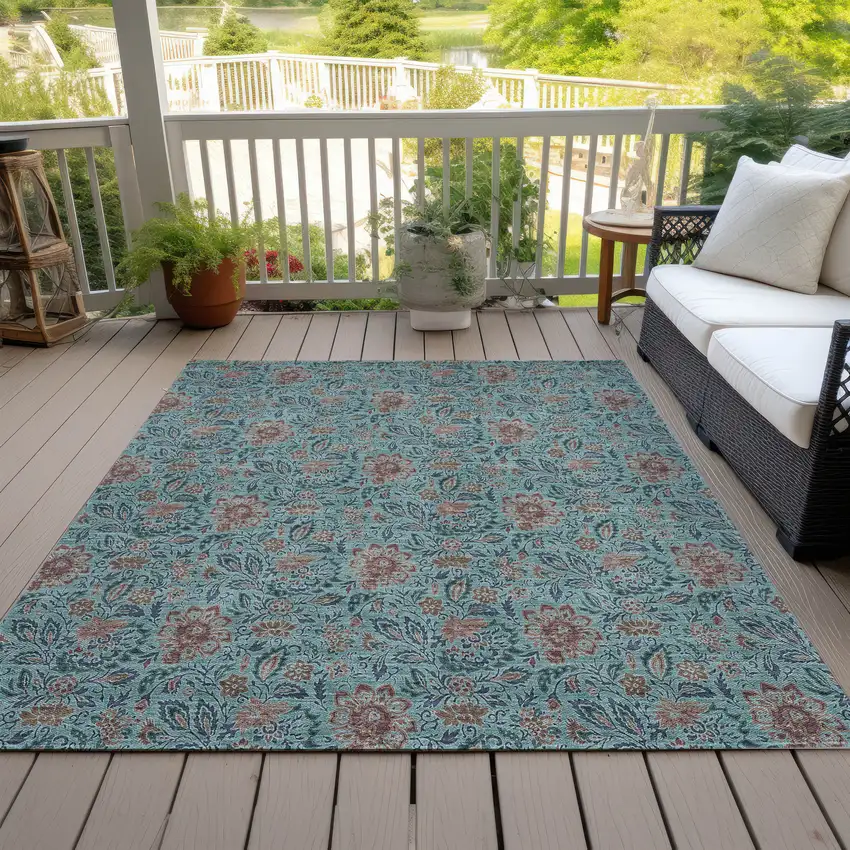 Teal Blue Brown And Taupe Floral Washable Indoor Outdoor Area Rug Photo 9