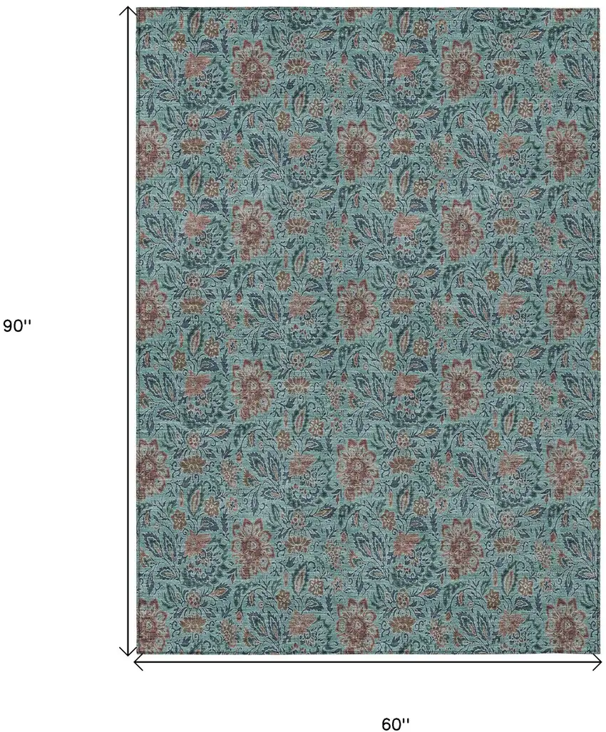 Teal Blue Brown And Taupe Floral Washable Indoor Outdoor Area Rug Photo 3
