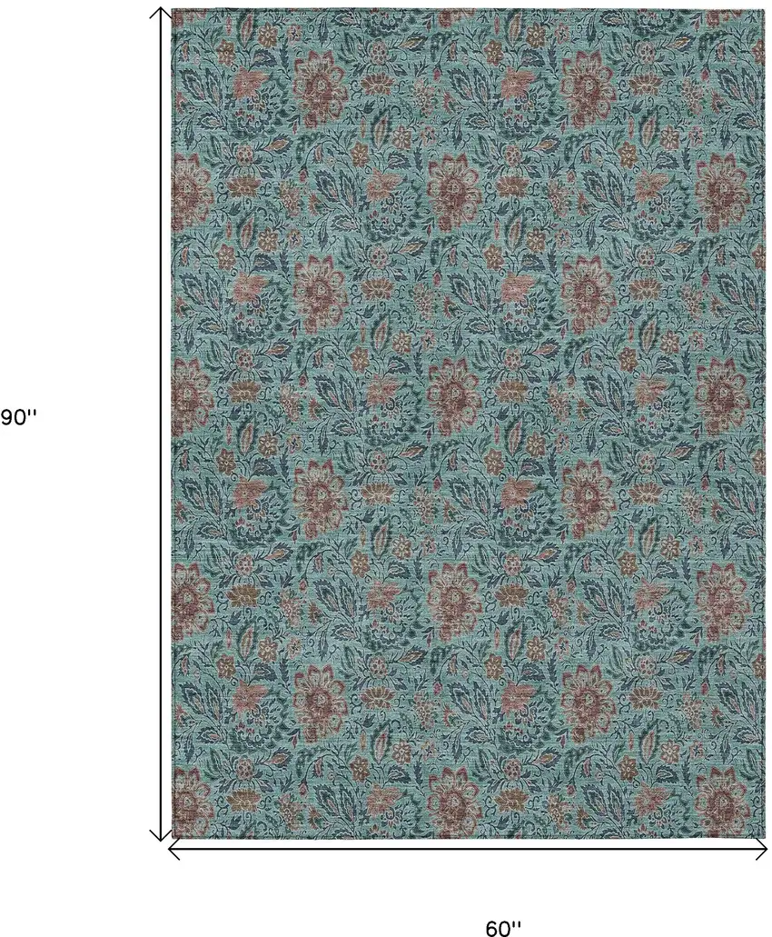 Teal Blue Brown And Taupe Floral Washable Indoor Outdoor Area Rug Photo 3