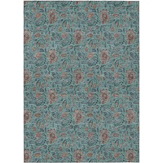 Teal Blue Brown And Taupe Floral Washable Indoor Outdoor Area Rug Photo 2