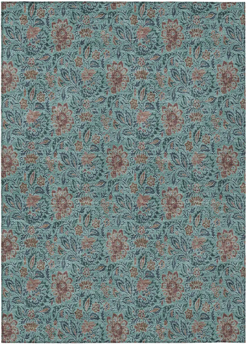Teal Blue Brown And Taupe Floral Washable Indoor Outdoor Area Rug Photo 2