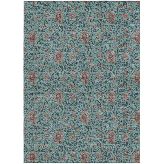 Teal Blue Brown And Taupe Floral Washable Indoor Outdoor Area Rug Photo 8