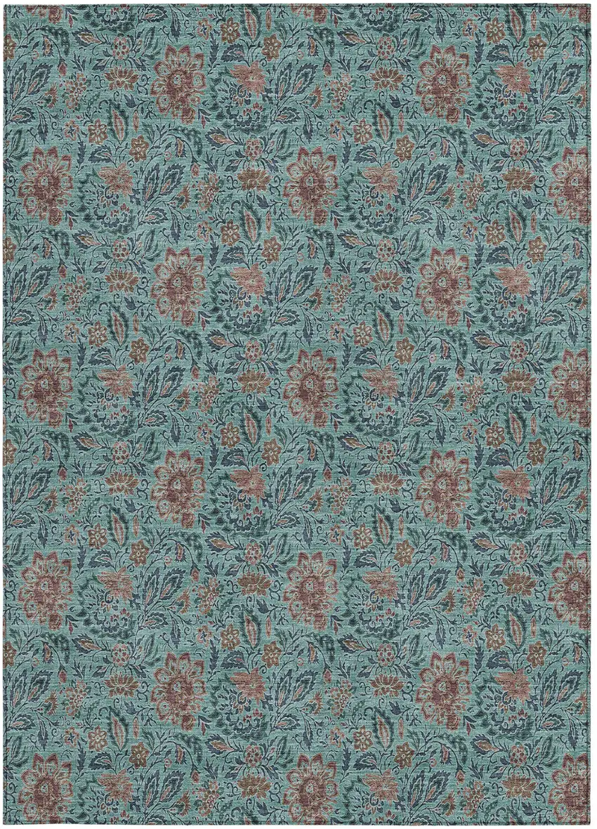 Teal Blue Brown And Taupe Floral Washable Indoor Outdoor Area Rug Photo 8