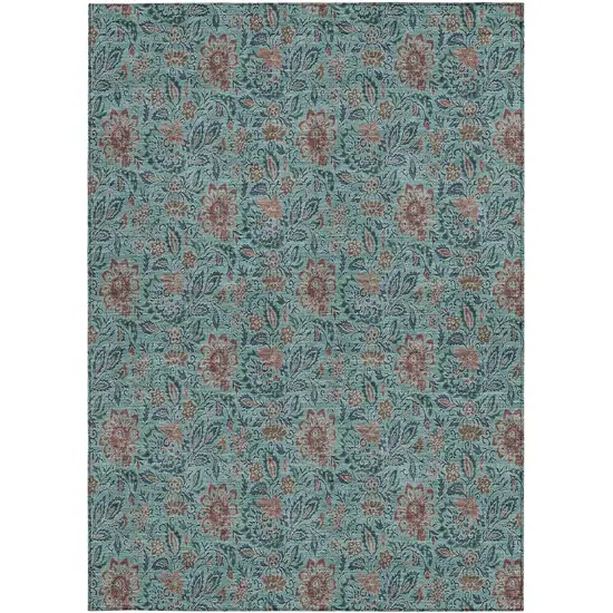 Teal Blue Brown And Taupe Floral Washable Indoor Outdoor Area Rug Photo 8