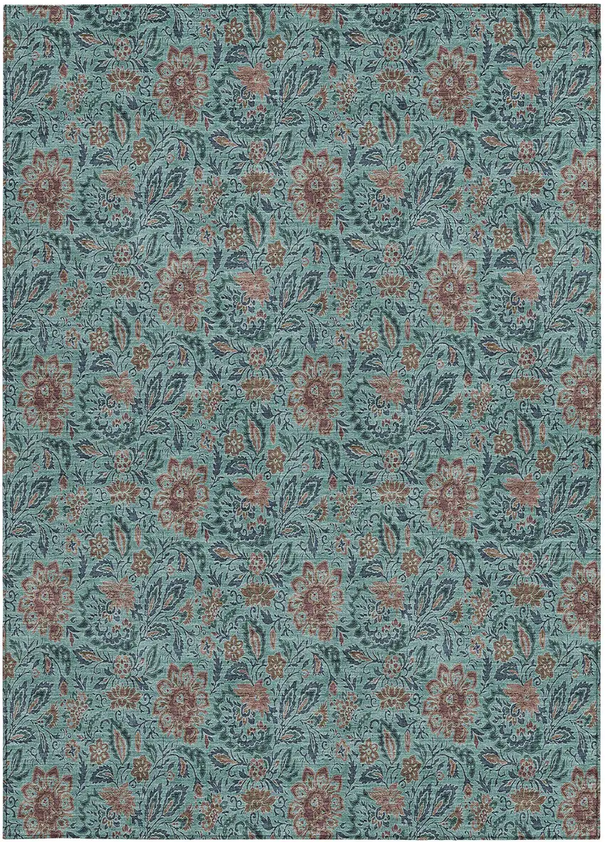 Teal Blue Brown And Taupe Floral Washable Indoor Outdoor Area Rug Photo 8