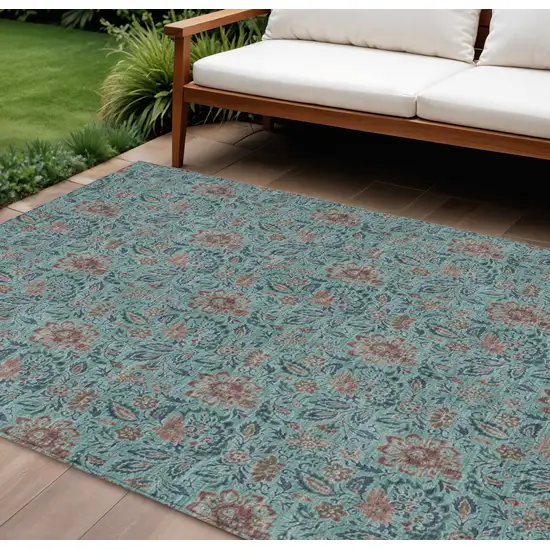 Teal Blue Brown And Taupe Floral Washable Indoor Outdoor Area Rug Photo 1