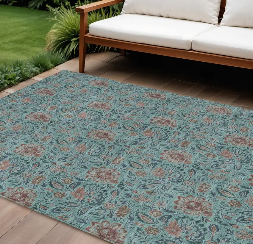 Teal Blue Brown And Taupe Floral Washable Indoor Outdoor Area Rug Photo 1