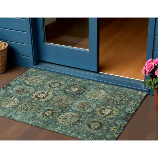 Teal Blue Brown And Taupe Medallion Washable Indoor Outdoor Area Rug Photo 2