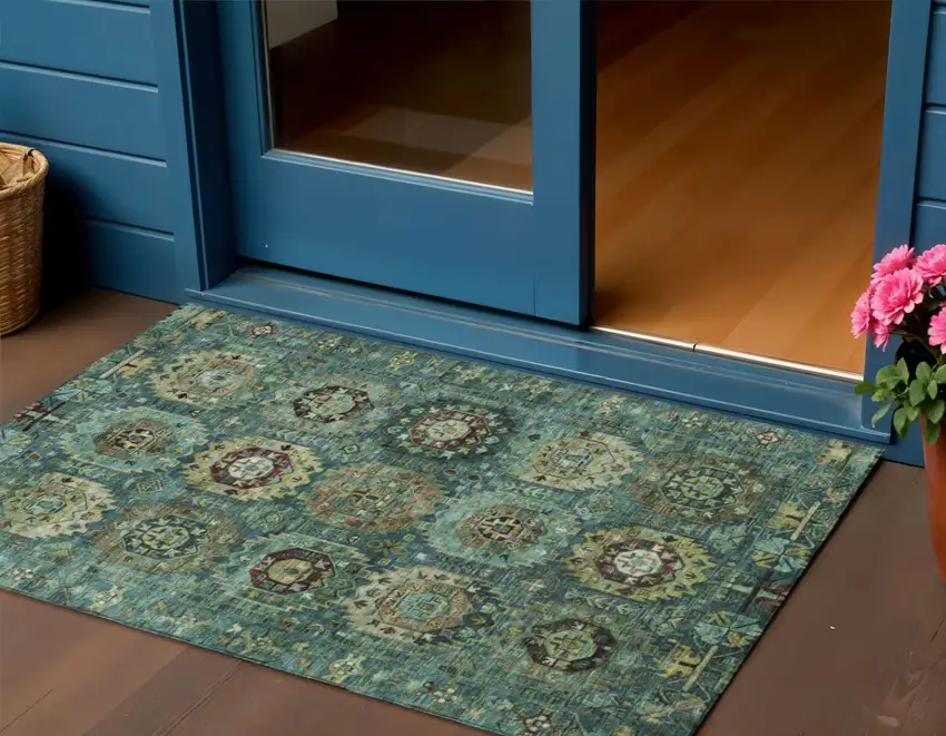 Teal Blue Brown And Taupe Medallion Washable Indoor Outdoor Area Rug Photo 2