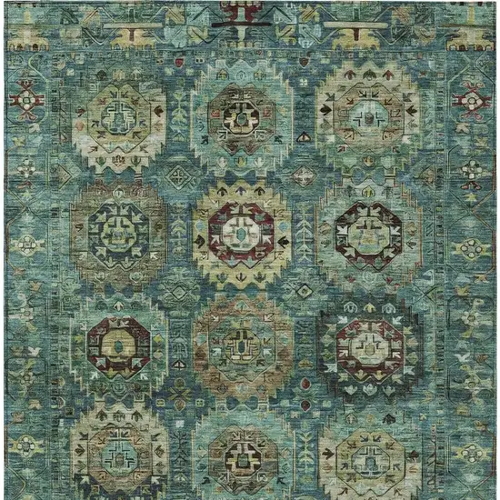 Teal Blue Brown And Taupe Medallion Washable Indoor Outdoor Area Rug Photo 9