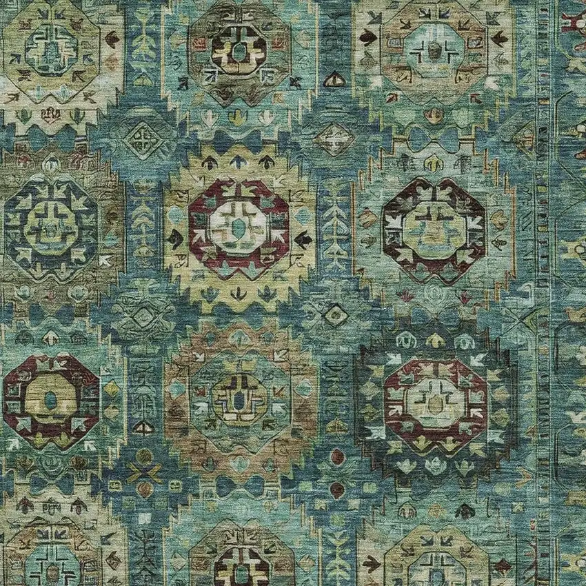 Teal Blue Brown And Taupe Medallion Washable Indoor Outdoor Area Rug Photo 4