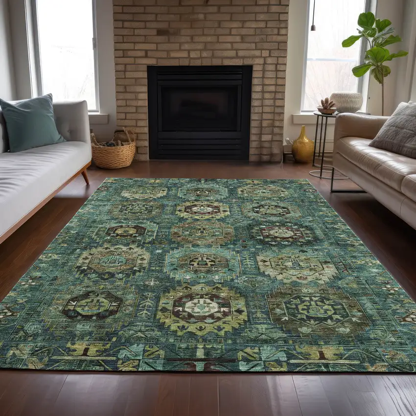 Teal Blue Brown And Taupe Medallion Washable Indoor Outdoor Area Rug Photo 7