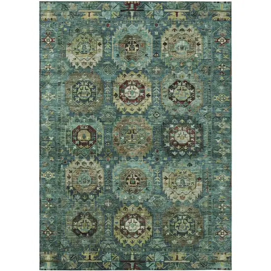 Teal Blue Brown And Taupe Medallion Washable Indoor Outdoor Area Rug Photo 1