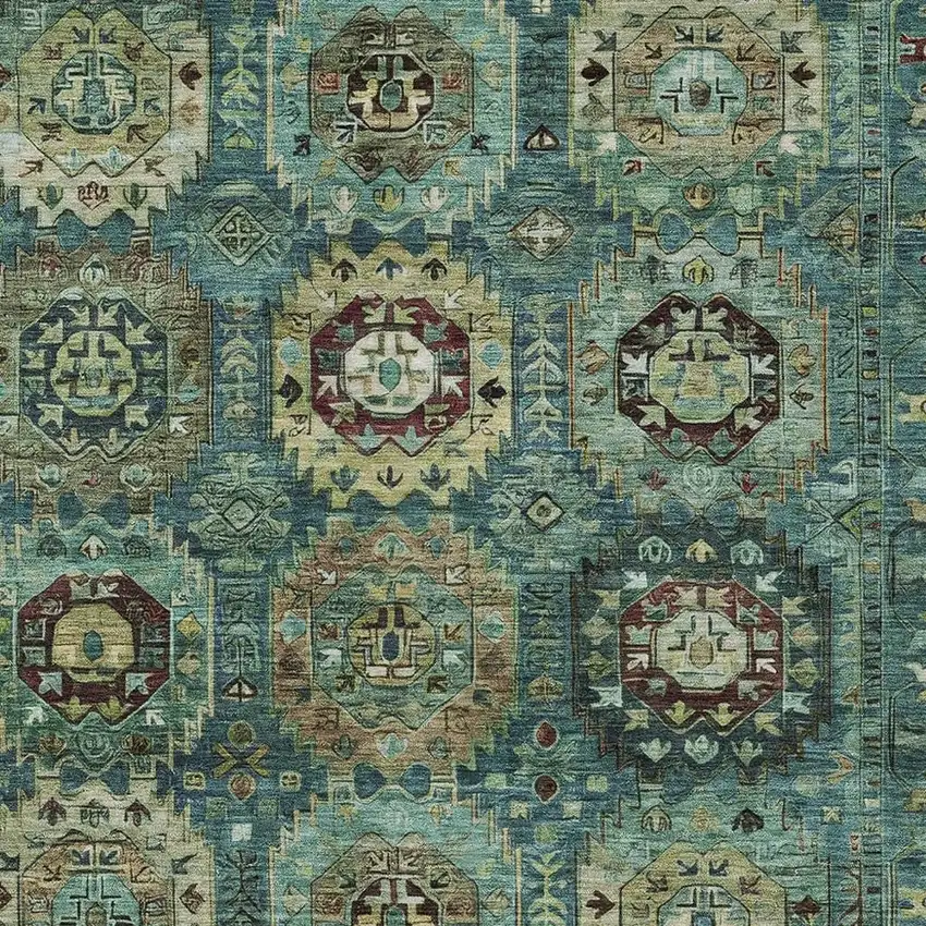 Teal Blue Brown And Taupe Medallion Washable Indoor Outdoor Area Rug Photo 8