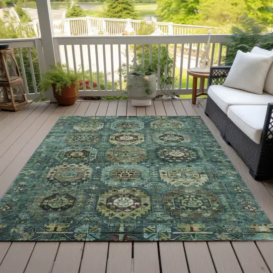 Teal Blue Brown And Taupe Medallion Washable Indoor Outdoor Area Rug Photo 8