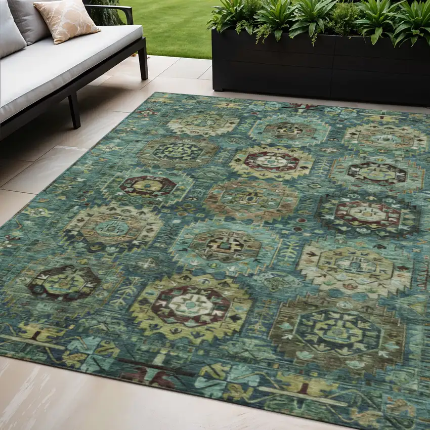 Teal Blue Brown And Taupe Medallion Washable Indoor Outdoor Area Rug Photo 2