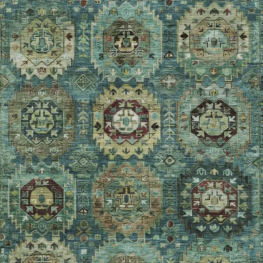Teal Blue Brown And Taupe Medallion Washable Indoor Outdoor Area Rug Photo 3