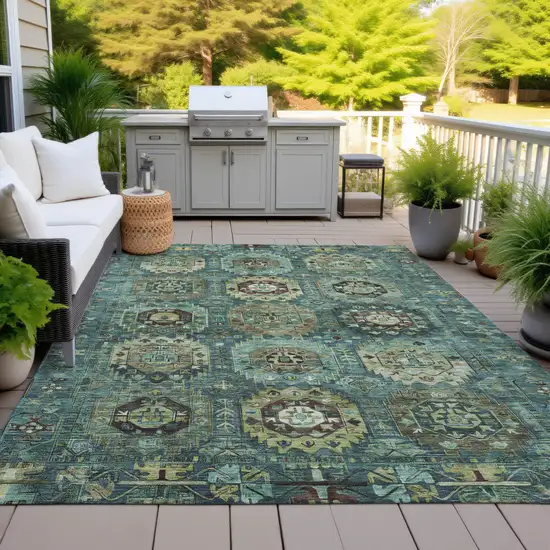 Teal Blue Brown And Taupe Medallion Washable Indoor Outdoor Area Rug Photo 5