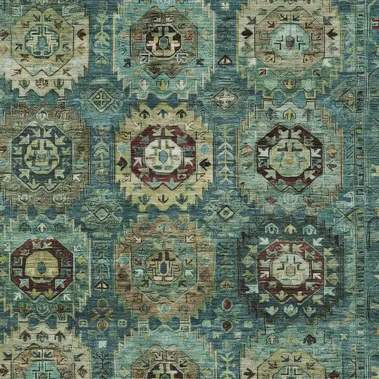Teal Blue Brown And Taupe Medallion Washable Indoor Outdoor Area Rug Photo 3