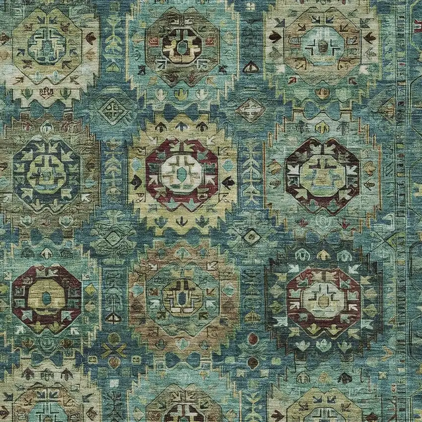 Teal Blue Brown And Taupe Medallion Washable Indoor Outdoor Area Rug Photo 3