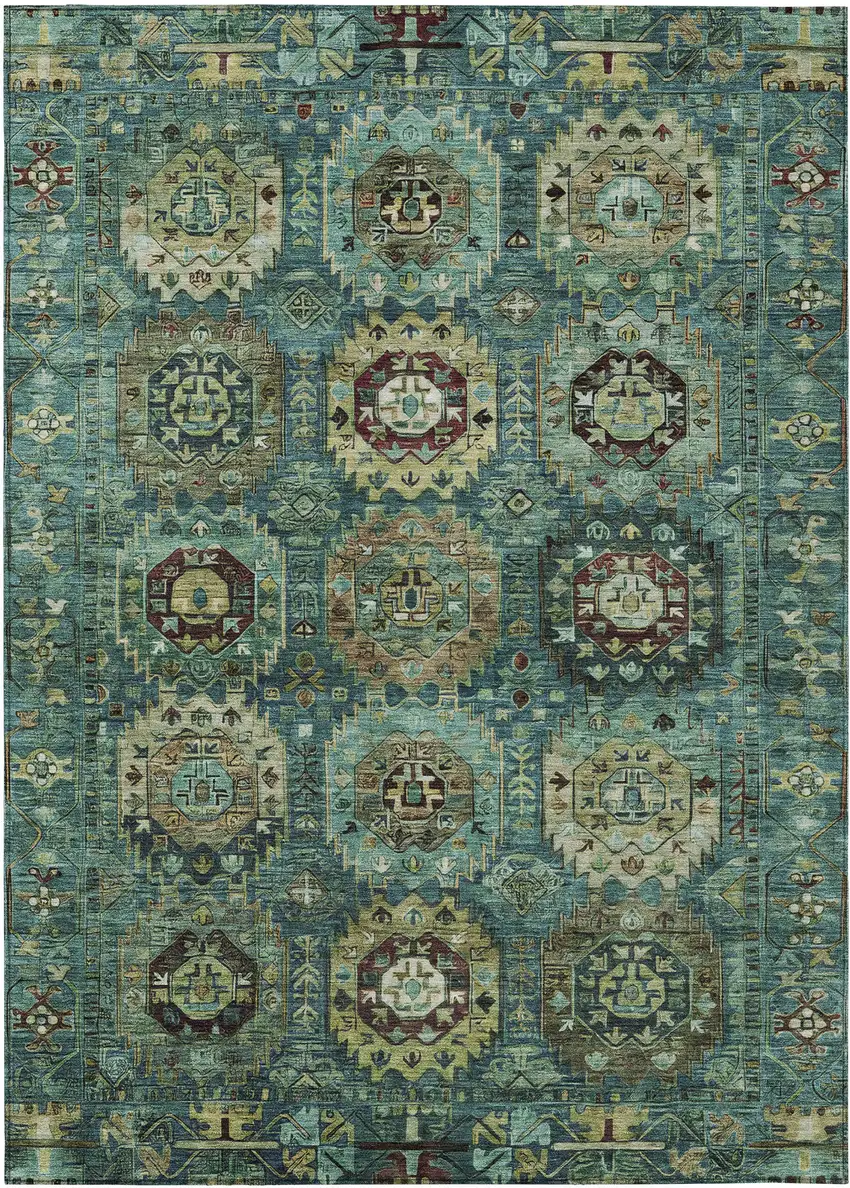 Teal Blue Brown And Taupe Medallion Washable Indoor Outdoor Area Rug Photo 1