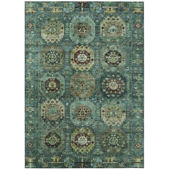 Teal Blue Brown And Taupe Medallion Washable Indoor Outdoor Area Rug Photo 2