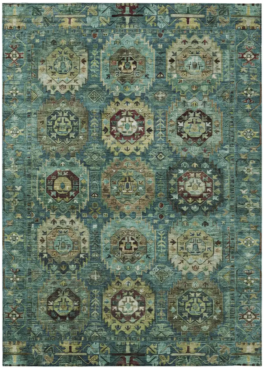 Teal Blue Brown And Taupe Medallion Washable Indoor Outdoor Area Rug Photo 2