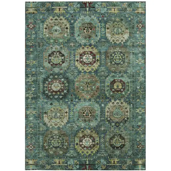 Teal Blue Brown And Taupe Medallion Washable Indoor Outdoor Area Rug Photo 3