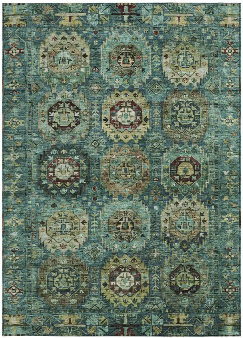 Teal Blue Brown And Taupe Medallion Washable Indoor Outdoor Area Rug Photo 3