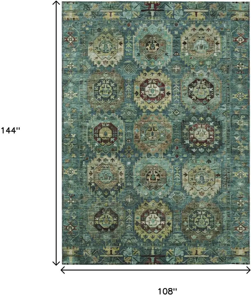 Teal Blue Brown And Taupe Medallion Washable Indoor Outdoor Area Rug Photo 9