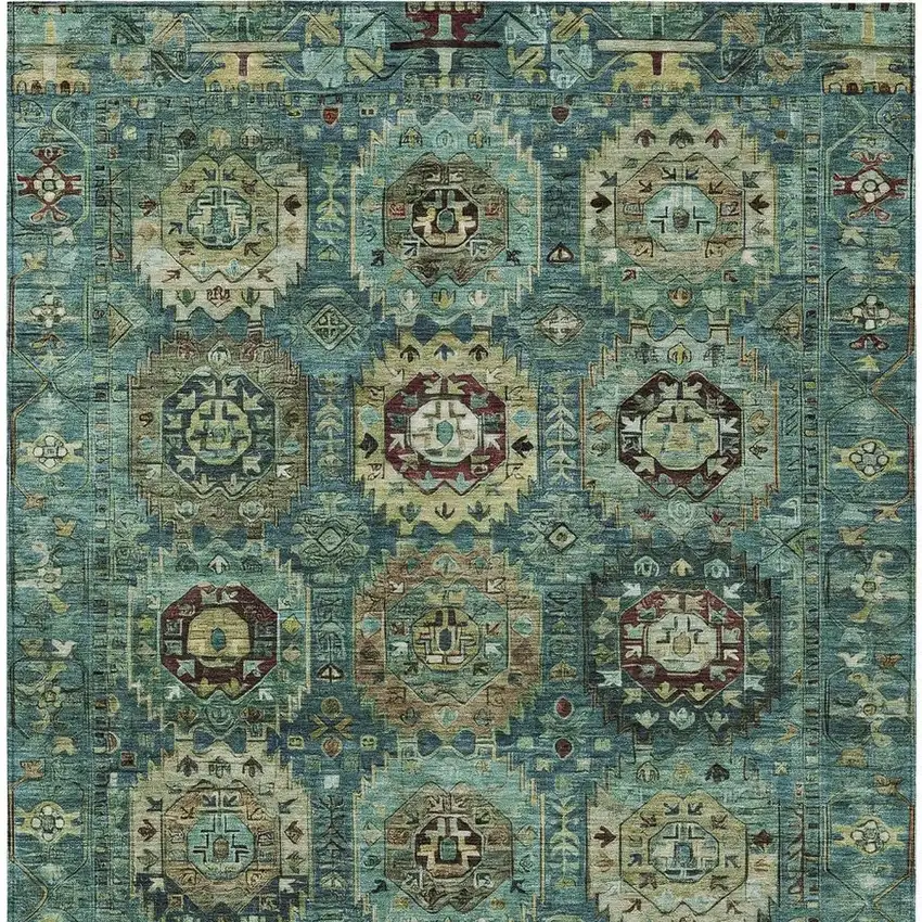 Teal Blue Brown And Taupe Medallion Washable Indoor Outdoor Area Rug Photo 5