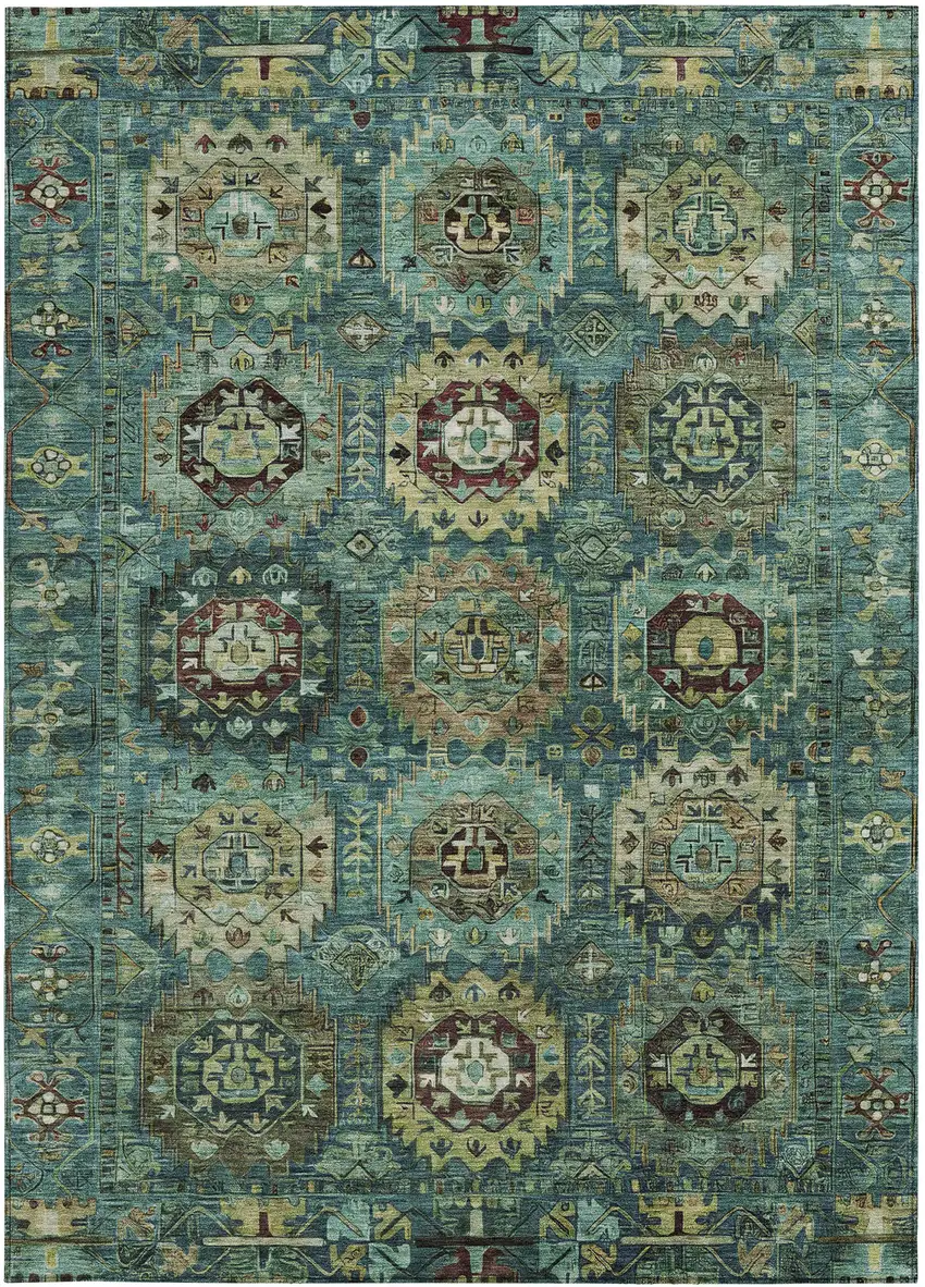 Teal Blue Brown And Taupe Medallion Washable Indoor Outdoor Area Rug Photo 3