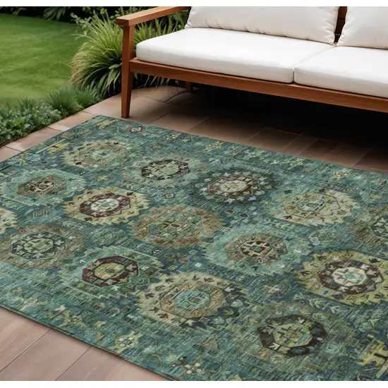 Teal Blue Brown And Taupe Medallion Washable Indoor Outdoor Area Rug Photo 1