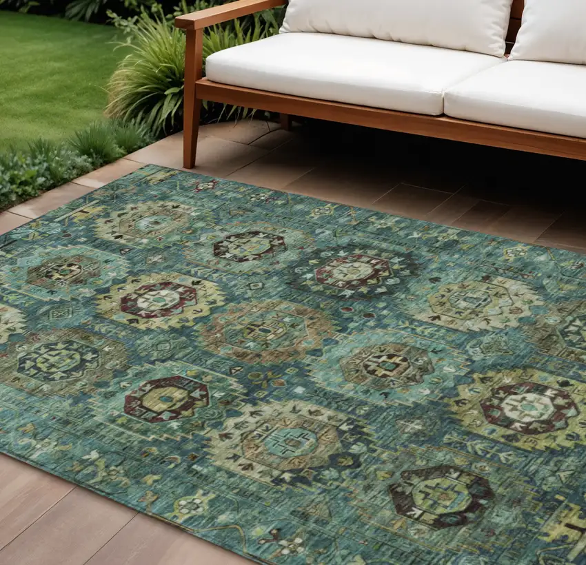 Teal Blue Brown And Taupe Medallion Washable Indoor Outdoor Area Rug Photo 1