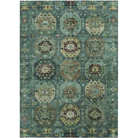 Teal Blue Brown And Taupe Medallion Washable Indoor Outdoor Area Rug Photo 3
